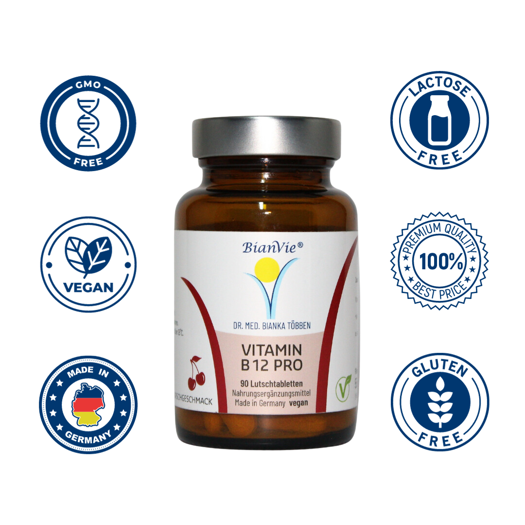 "An image of a bottle of Vitamin B12 PRO lozenges sitting on a lightgrey background. The bottle contains a label with the product name, and a picture of Vitamin B12 PRO from the Brand BianVie. Around the Picture are posted several Icons, such as Vegan, Made in Germany, GMO-Free, Lactose-Free, Gluten-Free and Premium Quality. The overall appearance is clean, modern, and professional."