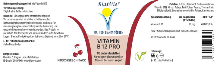 "An image of a label of Vitamin B12 PRO lozenges sitting on a white background. The label contains the product name, and a picture of Vitamin B12 PRO from the brand BianVie. The product is marketed as vegan and contains 1000 µg Vitamin B12 per lozenge. The overall appearance is clean, modern, and professional."